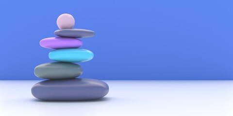 Zen stones, smooth pebbles pyramid stacked balance on blue wall background. 3d illustration