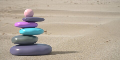 Fototapeta na wymiar Zen stones, smooth pebbles pyramid stacked balance on sandy beach background. 3d illustration