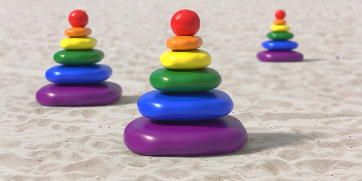 Zen stones, smooth pebbles in raibow colors balance on sandy beach background. 3d illustration