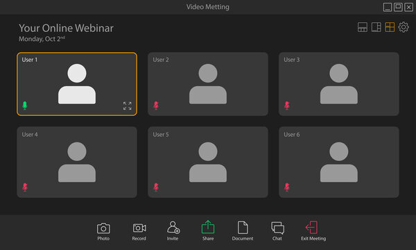 Vector illustration of the layout of a video conference app. Perfect for design elements from online meeting mock up, webinar, and virtual class.