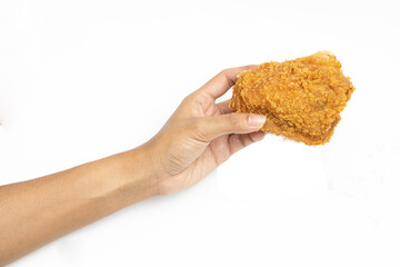 Hand hold fried calf chicken isolated on white background