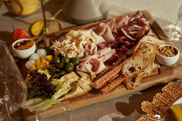 cold cuts, olives, capers and bread on a wooden tray