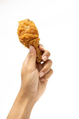 Hand hold fried calf chicken isolated on white background