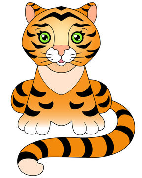 Baby Tiger with green eyes - a picture for a children's book. Little cute tiger cub sits - vector full color illustration.
