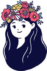 Girl Smiling with Flora Wreath Portrait Illustration