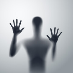 Shadow Blur of Man Behind the Matte Glass. Blurry Hand, Body Figure Abstraction, and Two Palms. The Reflection of the Silhouette Through the Light