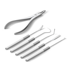 Basic Dentist Instruments and Tools Laid out Against on White. A set of Metal Medical Equipment for Teeth Dental Care. Dental Hygiene and Healthcare Concept