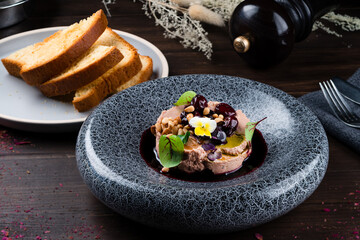 Canard Foie gras Pate made of the liver of a duck or goose with toasted bread slices - obrazy, fototapety, plakaty