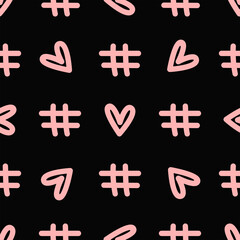 Obraz premium Seamless pattern with repeating hashtag and heart drawn by hand. Sketch, doodle. Cute endless print. Simple vector illustration.