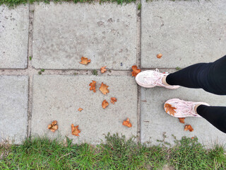 woman's legs in sneakers on the road in autumn