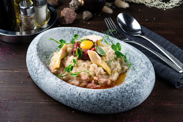 talian traditional risotto with beef tartare close-up