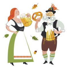 Characters of the traditional Oktoberfest festival. A girl and an elderly German in national costumes are drinking beer. Vector illustration.