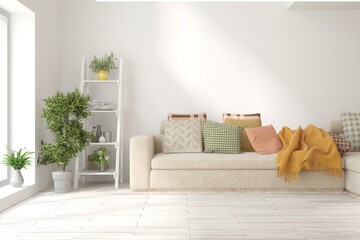 Soft color living room with sofa. Scandinavian interior design. 3D illustration