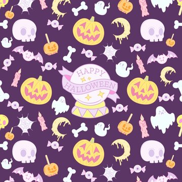 Happy Halloween seamless pattern with cute pumpkin ghost moon skull candy for fashion fabric, trend textile and wallpaper.
