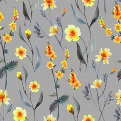 Branches with yellow flowers mimosa on a dark grey background, samless pattern