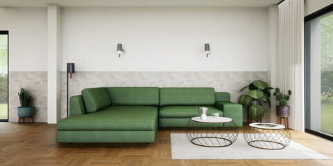 Vue 3d salon avec canapé vert et parquet bois