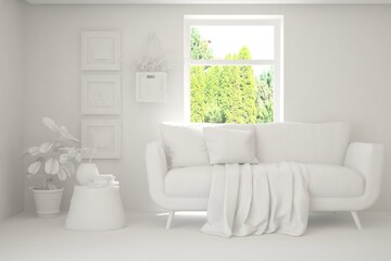 Fototapeta na wymiar Mock up of stylish room in white color with sofa and green landscape in window. Scandinavian interior design. 3D illustration