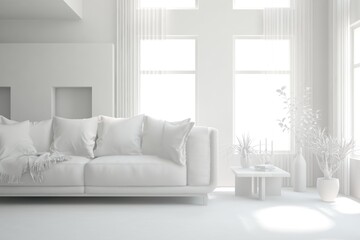 Mock up of minimalist living room in white color with sofa. Scandinavian interior design. 3D illustration