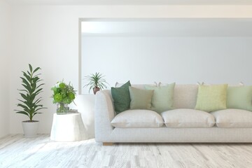 Naklejka premium White living room with sofa. Scandinavian interior design. 3D illustration