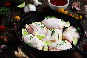 Raw uncooked chicken thigh meat in a cast iron frying pan with fresh ingredients of limes, spicy sauce, lemon thyme, peppers, tomatoes and Italian garlic.