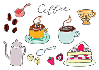 一筆書き　コーヒーと珈琲豆とカフェグッズ（カラー）