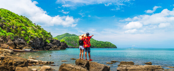 Wide panorama happy couple traveler on beach joy fun nature view scenic landscape island, Adventure...