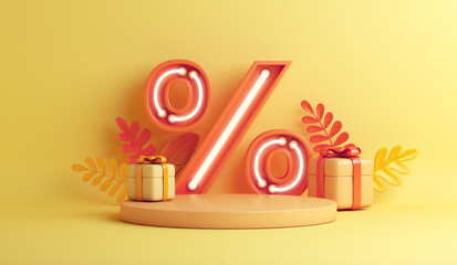Autumn sale background with neon light percent symbol, orange leaves display podium gift box, copy space text, 3D rendering illustration