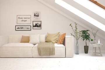 White living room with sofa. Scandinavian interior design. 3D illustration