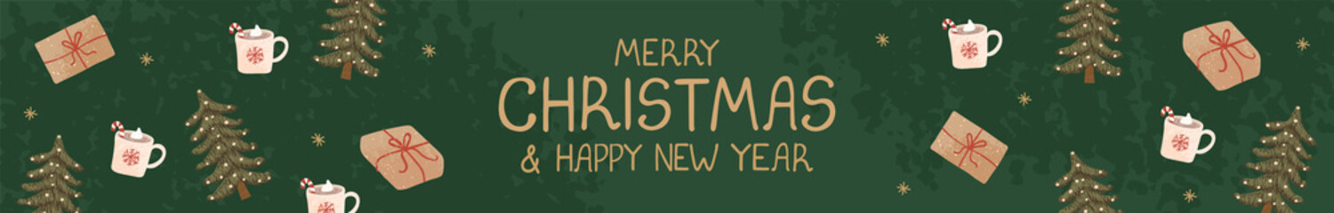 Vector banner with hand drawn doodle illustrations of christmas objects as gifts box, christmas tree. Horizontal Christmas header for website template