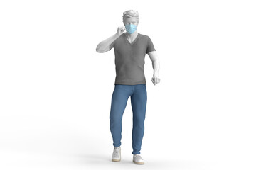 Casual dressed guy wearing disposable protective face mask. 3D illustration