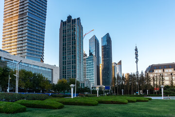 Fototapeta na wymiar Qingdao financial center skyscraper street view