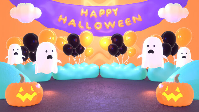 3d rendered cartoon cute ghost halloween balloons party.