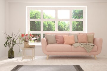 Minimalist living room in white color with sofa and summer landscape in window. Scandinavian interior design. 3D illustration