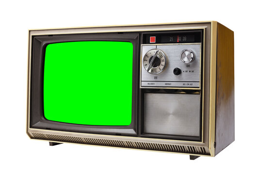 Old vintage 1970s TV with green screen for adding video isolated on white background.Vintage TVs 1960s 1970s 1980s 1990s 2000s. 