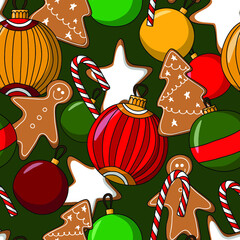 seamless vector pattern for merry christmas and happy new year with ginger cookies and Christmas balls - 455090742