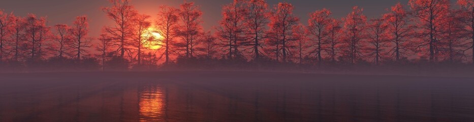 Beautiful autumn landscape, autumn park above the water surface, autumn forest at sunset near the river