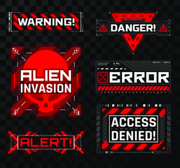 HUD interface elements. Warning, danger, alien invasion, error, alert, access denied. Futuristic glowing icons in modern style on a transparent background. Eps10 vector - obrazy, fototapety, plakaty