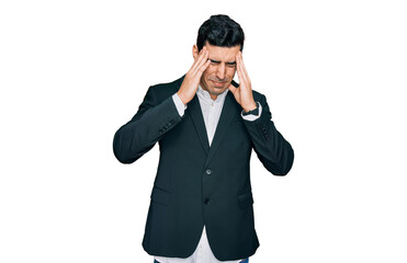 Handsome hispanic man wearing business clothes with hand on head, headache because stress. suffering migraine.