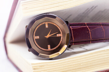 Women's Wrist Watch with Brown Leather Strap and Book