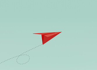 Red paper flying on blue background for running business by 3d rendering technique.