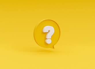 Fototapeta White questions mark illustration inside of yellow speech bubble on yellow background for FAQ and question and answer time by 3d rendering. obraz