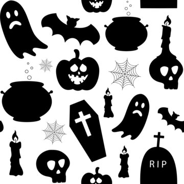 Pattern from halloween silhouettes. Black elements, pumpkin, skull, cauldron, bat, candle, spider web, adulation For festive decoration Vector illustration