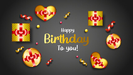Happy birthday with a gift box and balloon in black, white, and gold with a Flat golden circle and balloons birthday background, holiday, Black Friday, Autumn, Christmas, banner or background