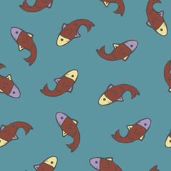 Vector seamless pattern with fish on blue background. Hand drawn design.