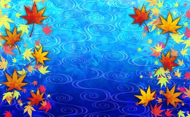Fotobehang 秋の和風な風景_紅葉（カエデ）と流水紋、青色の水の上の落ち葉 © yuki_shibaura
