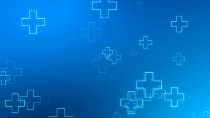 Medical health blue cross neon light shapes pattern background. Abstract healthcare technology and science concept.