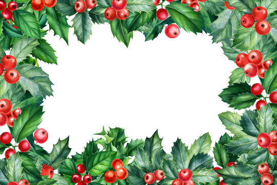 Christmas frame with holly on isolated white background, watercolor illustration. 