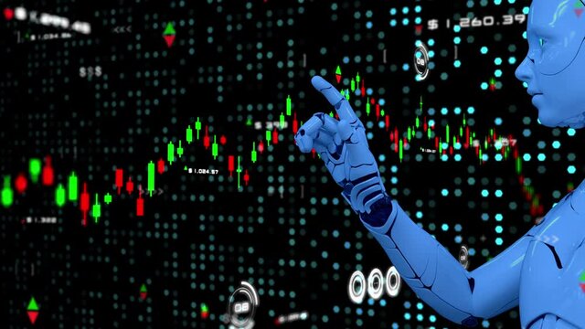 Future robot trading, Digital crypto currency and stock exchange market graph chart modern finance business data analytic 3D robot, finance business investment computer AI machine learning