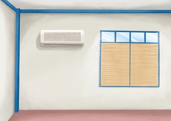 Interior living room, a digital painting of wall of bedroom with sun blinds and air conditioner raster 3D illustration anime background.
