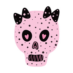 Cute cartoon pink skull with bows drawn in doodle style. Funny illustration for the holiday halloween, day of the dead ...
